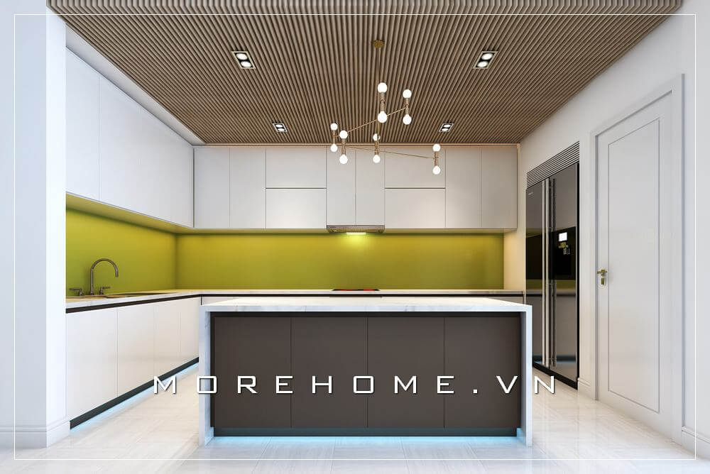 Mẫu tủ bếp gỗ acrylic màu trắng hiện đại, mặt bếp và tường ốp đá cao cấp mang đến không gian nội thất hài hòa và ấn tượng hơn
